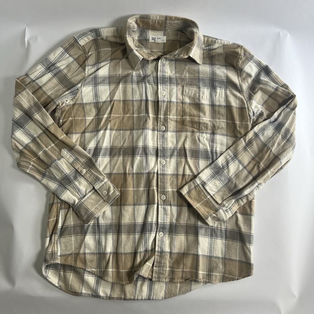 Gap Men's‎ Beige/Gray/White Plaid Flannel Button-Up Shirt XL Long Sleeve